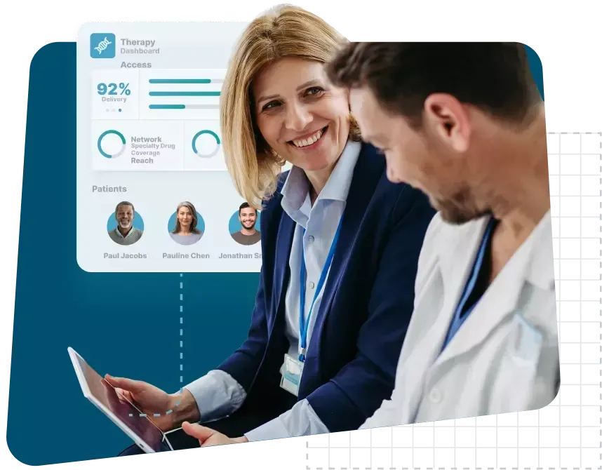 Two medical professionals discuss patient data on a tablet with a digital health dashboard displayed.