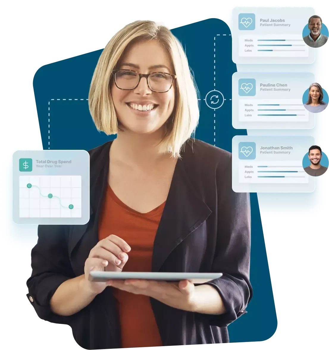 Smiling woman with tablet, surrounded by digital business dashboards and user profiles.