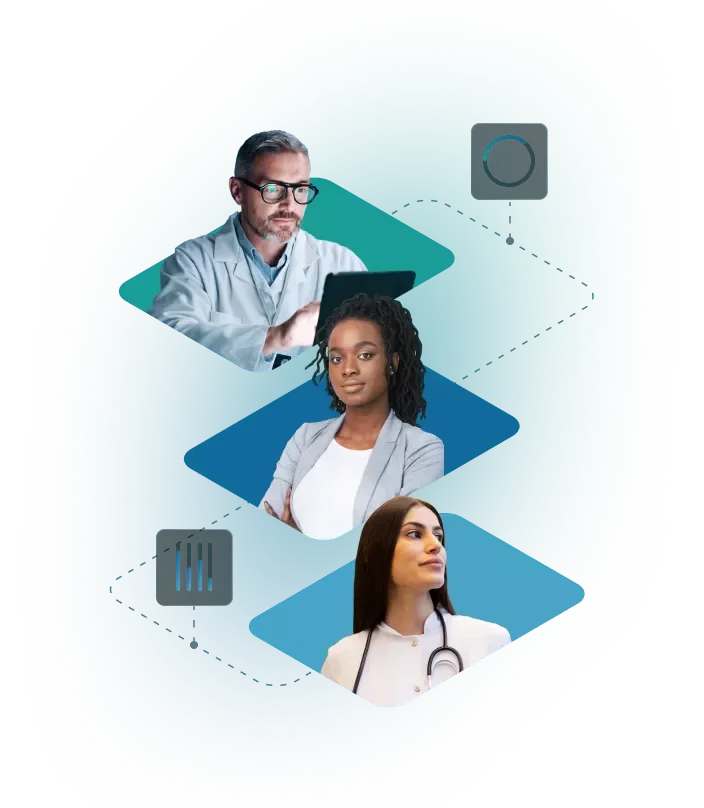 Three diverse professionals: a scientist, a graduate, and a doctor, within an abstract blue shape.