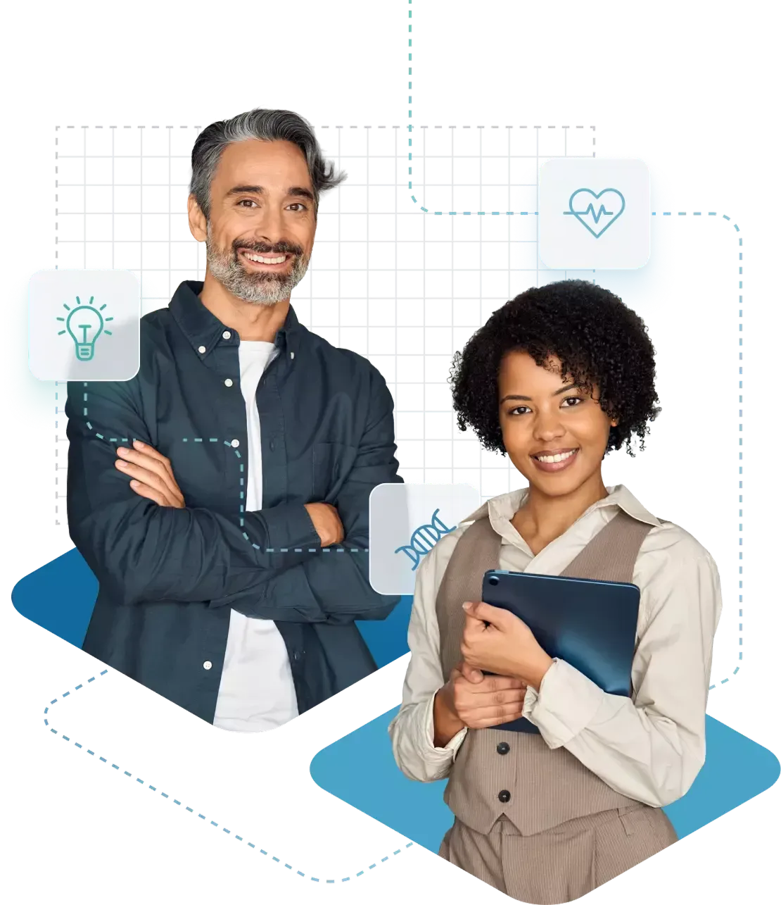 Smiling man and woman, diverse professionals, surrounded by digital icons representing tech and health.